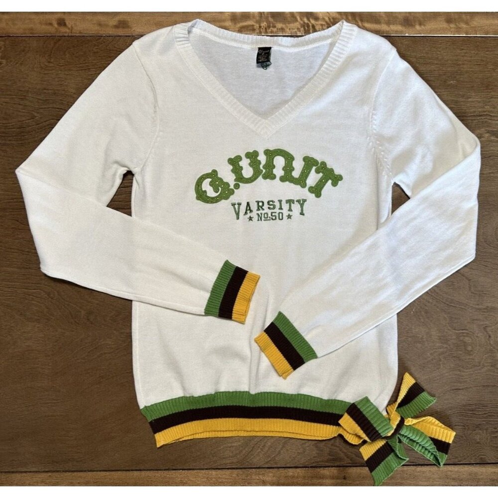 G-Unit G.Unit Varsity No 50 Cent sweater white green side tie women's XL Large